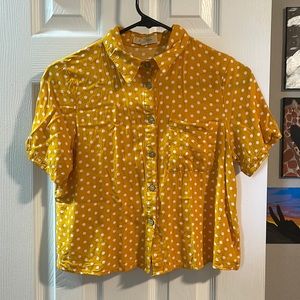 Cropped yellow button up with white polka dots